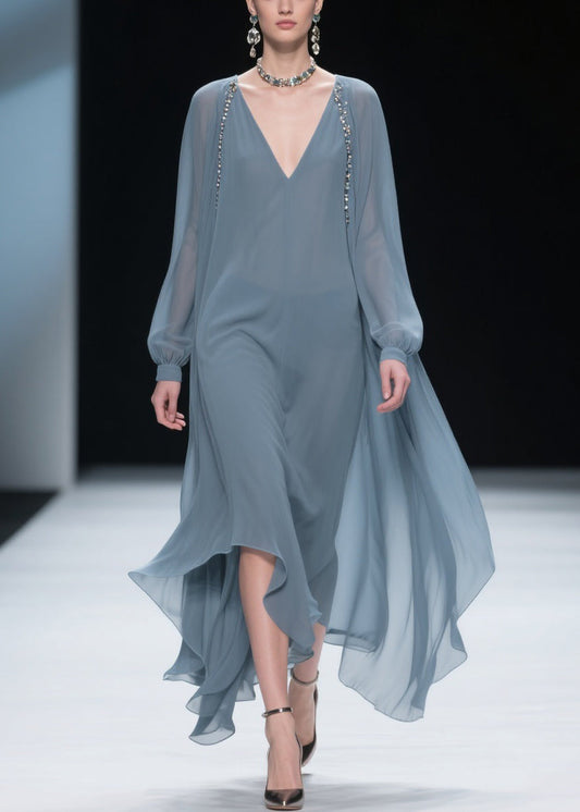 Simple Blue V Neck Chiffon Long Dress Spring