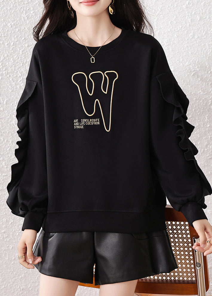 Black Ruffled Embroidered Cotton Pullover Fall
