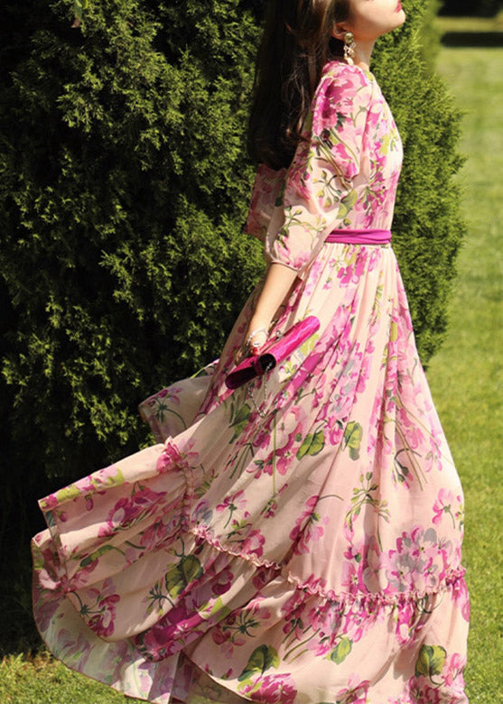 Boutique Pink O-neck Print Tie Waist Silk Long Dress Half Sleeve