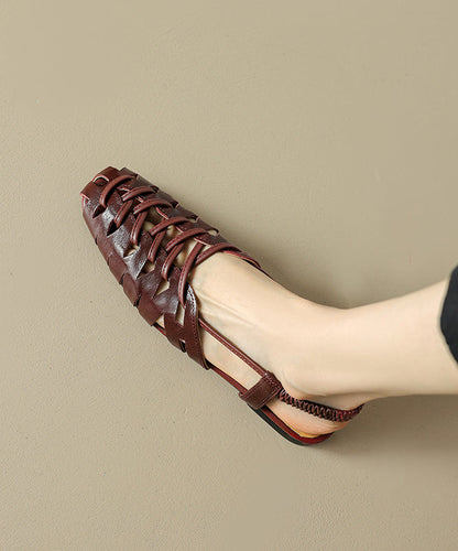 Brown Cowhide Leather Flat Sandals Splicing Hollow Out Breathable