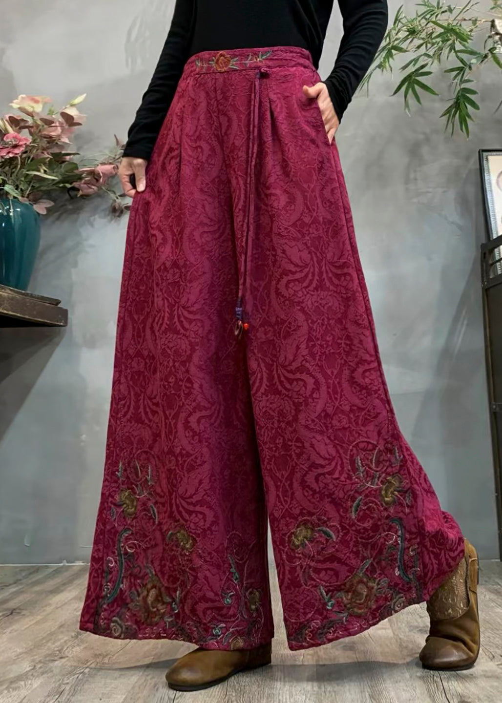 Style Mulberry Embroidered Jacquard Warm Fleece Pants Winter