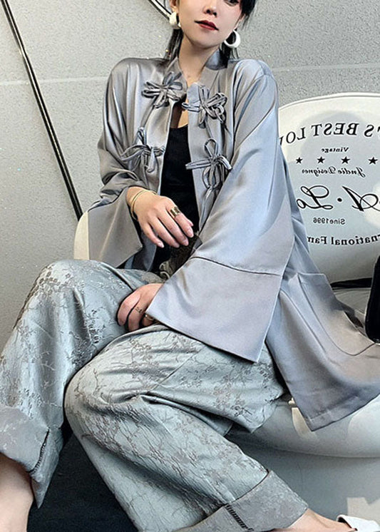 Stylish Light Grey Mandarin Collar Jacquard Patchwork Silk Two Pieces Set Long Sleeve