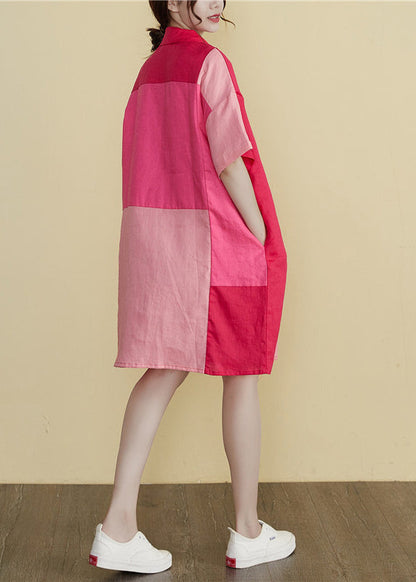 Stylish Colorblock Peter Pan Collar Button Patchwork Shirt Dress Short Sleeve