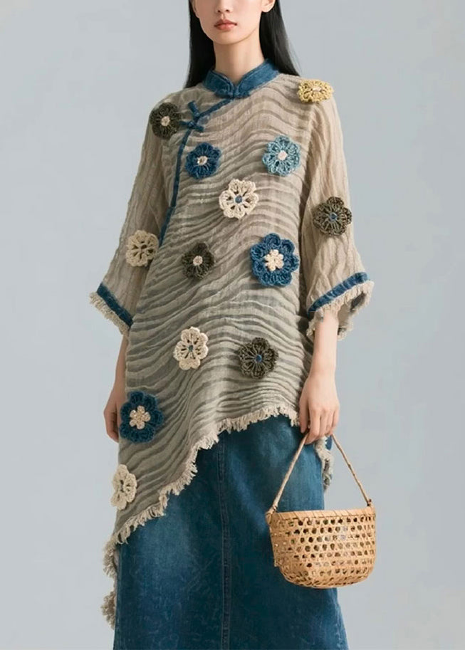 Asymmetrical Wrinkled Patchwork Cotton Blouse Bracelet Sleeve
