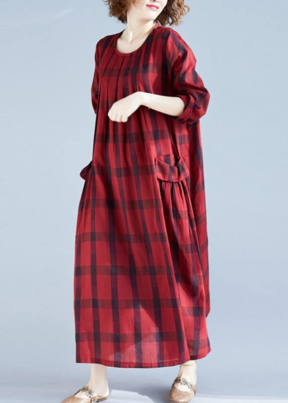 Vivid Red Plaid Tunics for O Neck Pockets Art Spring Dress