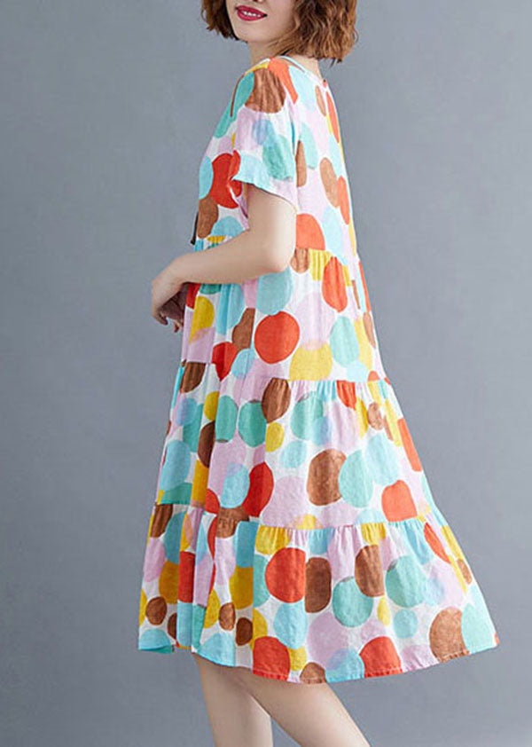 Colorblock O-neck Dot Print Cotton Pleated Dresses Short Sleeve