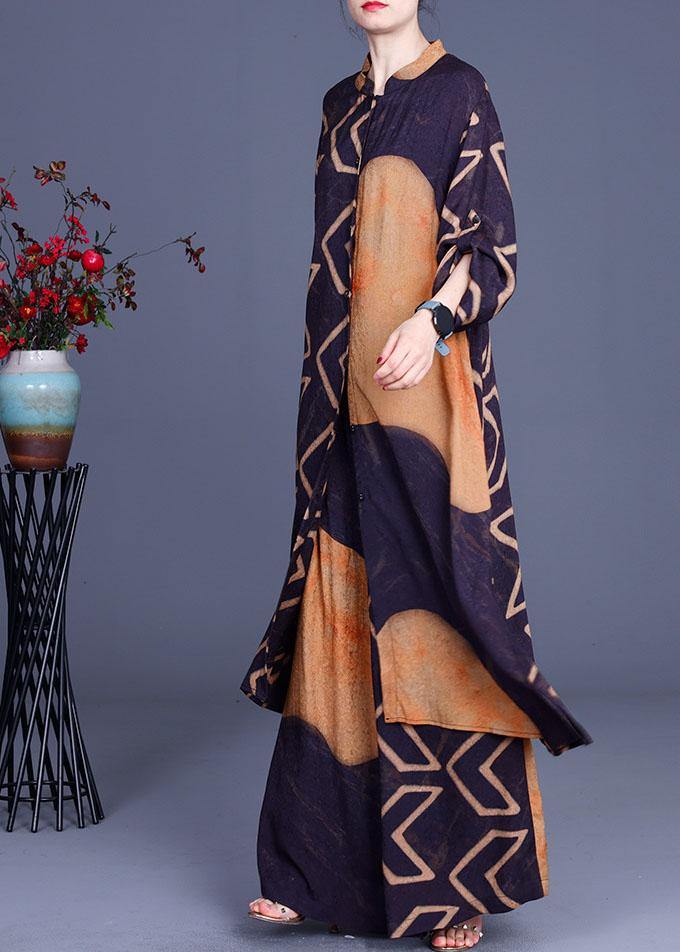 Blue Yellow Print Button Long Shirts Wide Leg Two Pieces Set