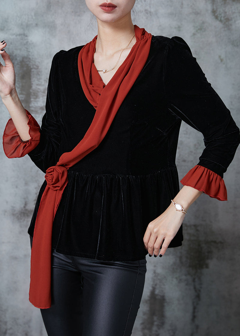 Black Silm Fit Patchwork Silk Velour Blouses Fall