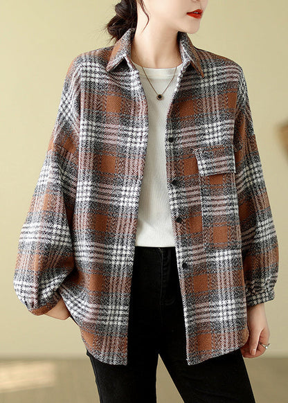 Orange Plaid Peter Pan Collar Woolen Shirts Tops Fall