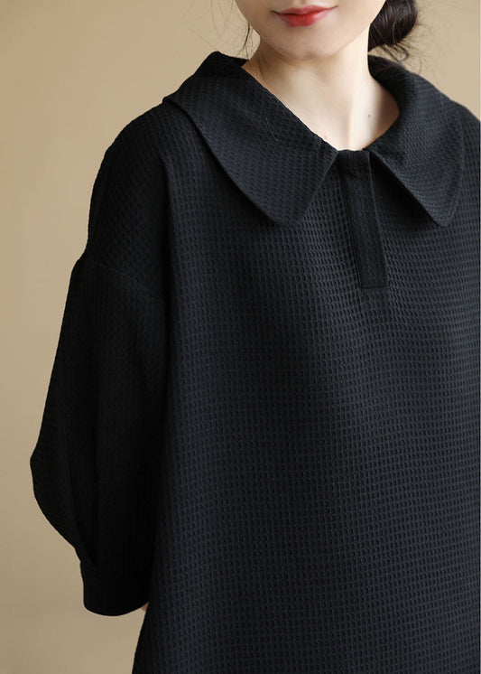 French Black Peter Pan Collar Waffle Cotton Vacation Mid Dress Bracelet Sleeve