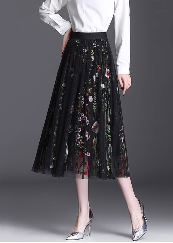 Black Embroidered Elastic Waist Tulle Skirt Summer