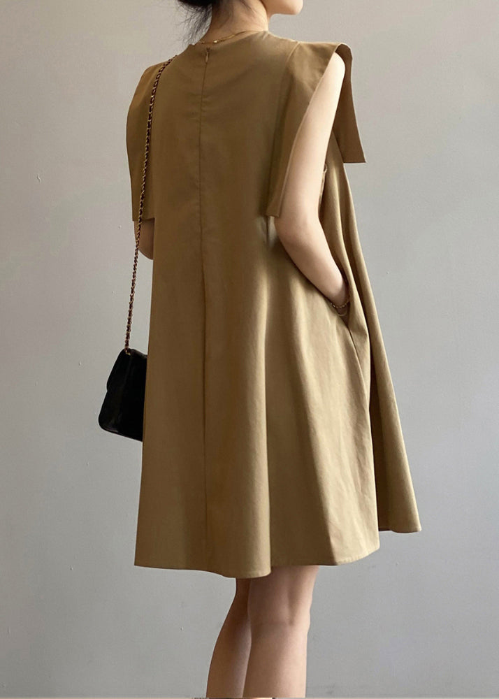 Khaki O-neck Cotton Day Dress Sleeveless
