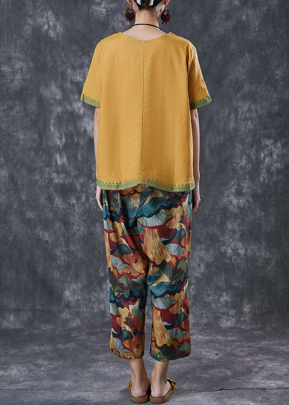 Yellow Oversized Print Linen Two Pieces Set Summer