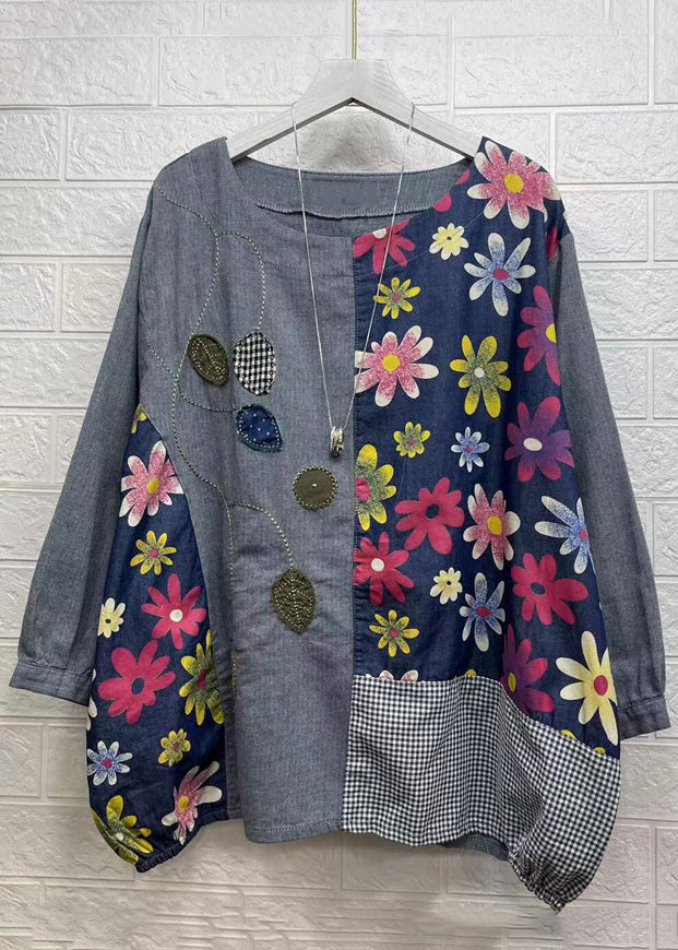 Style Grey O Neck Asymmetrical Printpatchwork Cotton Tops Fall