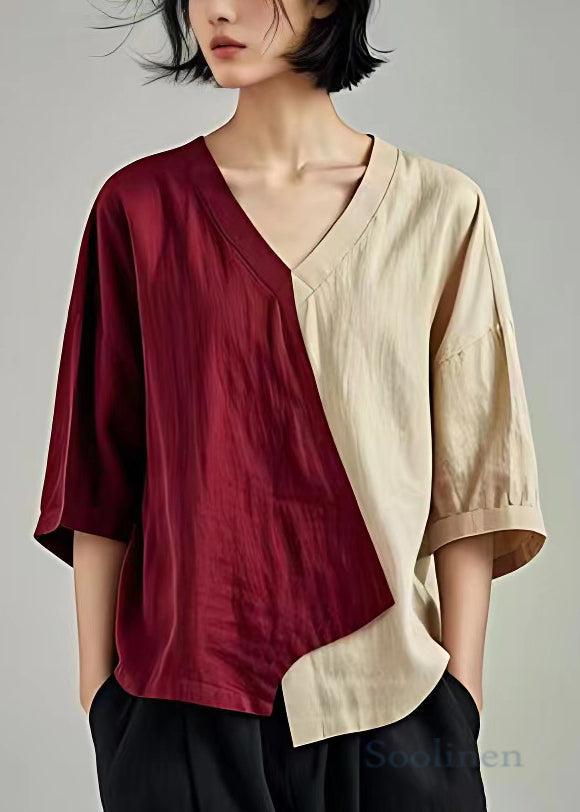 Wine Red V Neck Asymmetrical Linen Top Batwing Sleeve