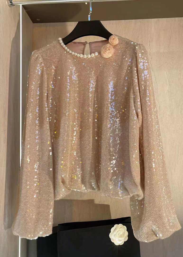 Pearl Embellished Lantern Sleeve Sequin Shirt Spring