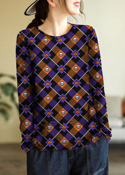 Blue O-neck Print Cotton Knitted Top Long Sleeve