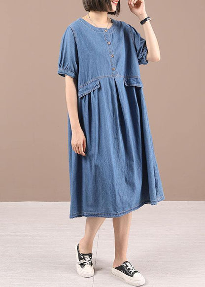 Blue Button Cinched Denim Summer Dresses
