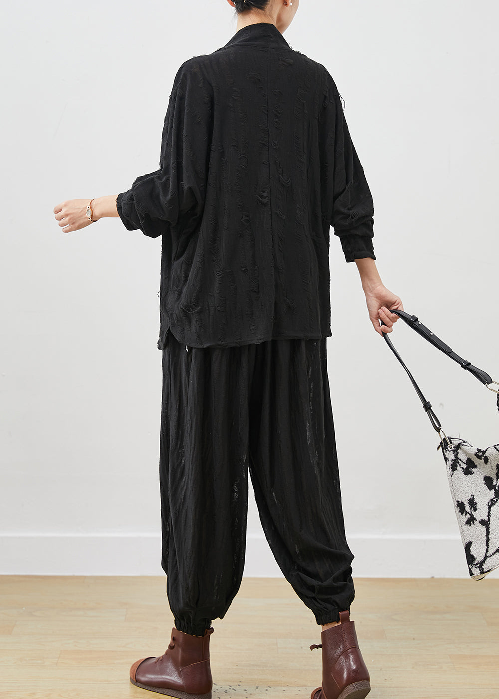 Black Loose Cotton Ripped Two-piece Set Turtle Neck Spring