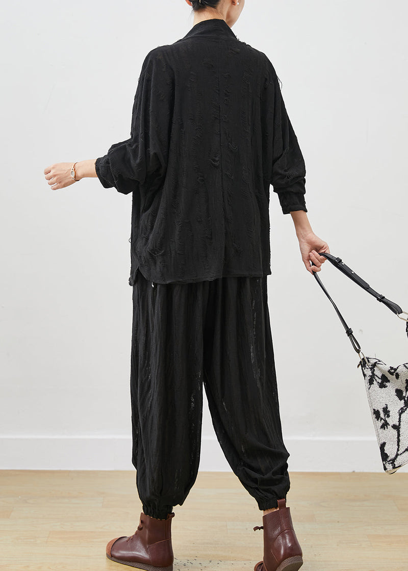 Black Loose Cotton Ripped Two-piece Set Turtle Neck Spring