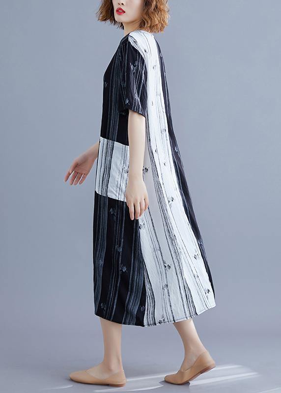 White Print V Neck Turn-down Collar Summer Maxi Dress