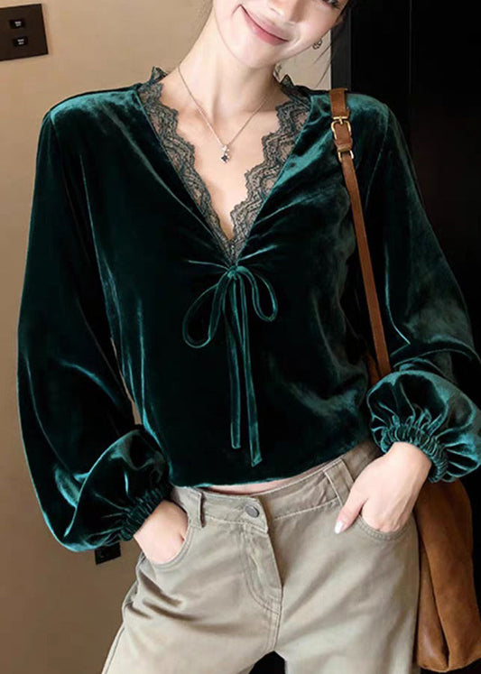 Peacock Green V Neck Lace Patchwork Silk Velvet Shirt Lantern Sleeve Spring