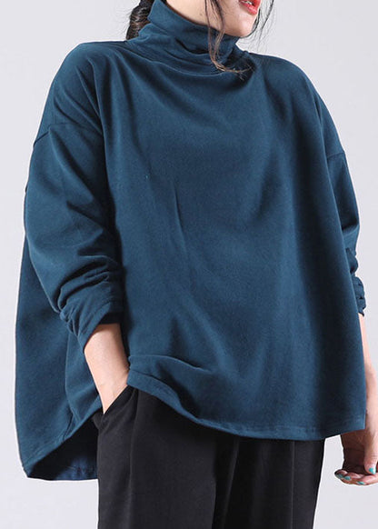 French Blue Turtle Neck Cotton Pullover Street Wear Spring