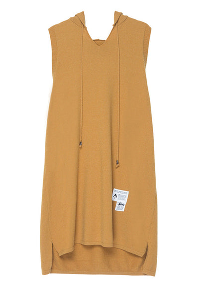 Slim Fit Yellow V Neck Drawstring Low High Design Knit Hooded Waistcoat Fall
