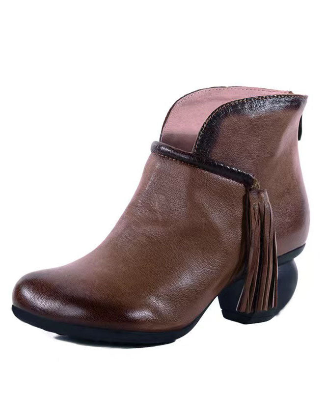 Tassel Splicing Chunky Ankle Boots Brown Cowhide Leather