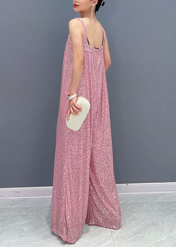 Pink Slash Neck Sequins Spaghetti Strap Jumpsuit Summer