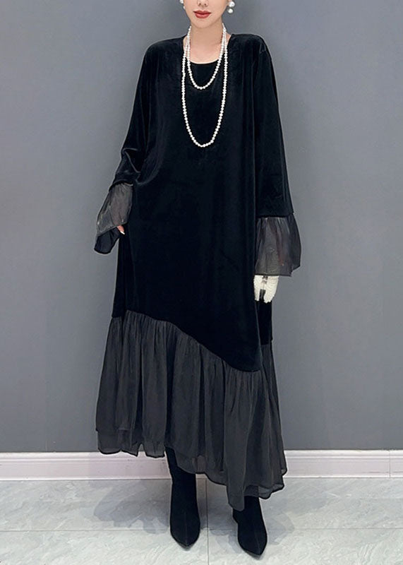 Black Tulle Patchwork Silk Velour Maxi Dress Fall