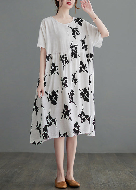 Loose White O-neck Cinched Asymmetrical Design Print Dresses Short Sleeve
