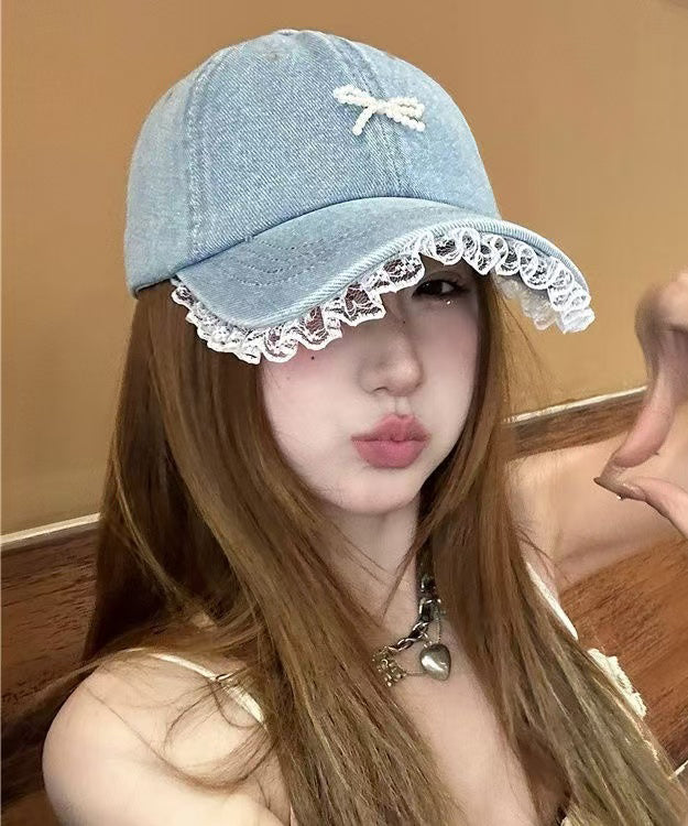 Blue Lace Bead Bow Patchwork Denim Baseball Cap Hat