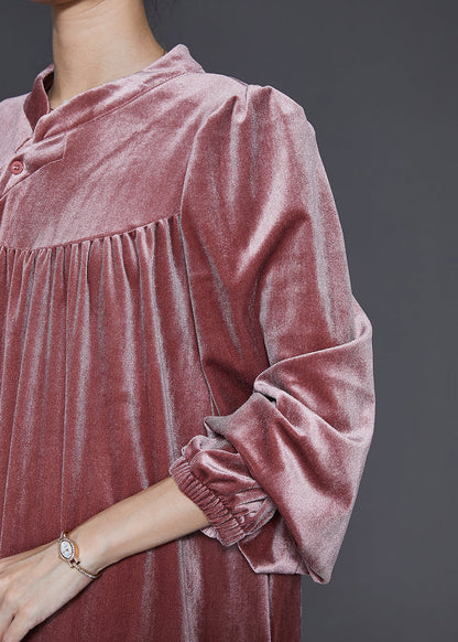 Diy Brick Red Stand Collar Oversized Silk Velour Dress Spring