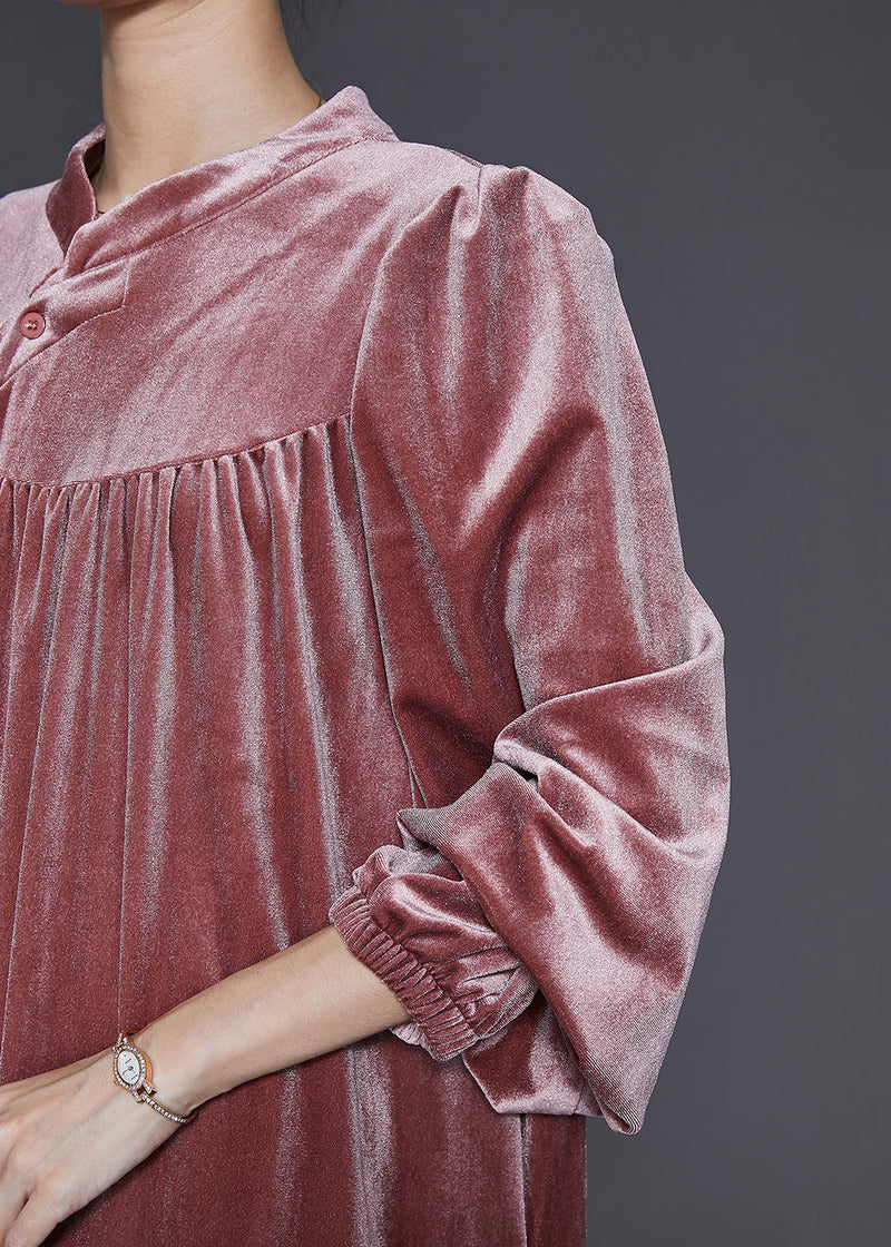 Diy Brick Red Stand Collar Oversized Silk Velour Dress Spring