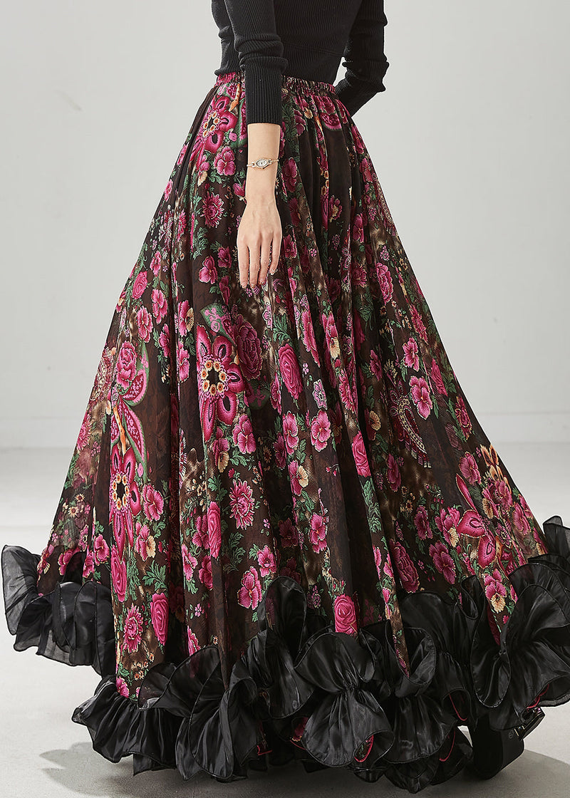 Brown Ruffled Print Exra Large Hem Chiffon Skirts Spring