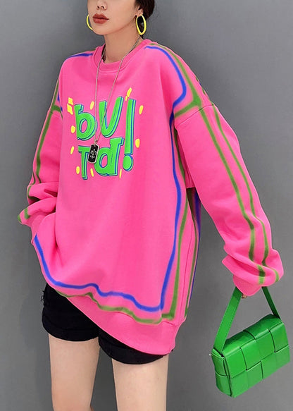 Pink O Neck Letter Printing Patchwork Cotton Sweatshirt Fall