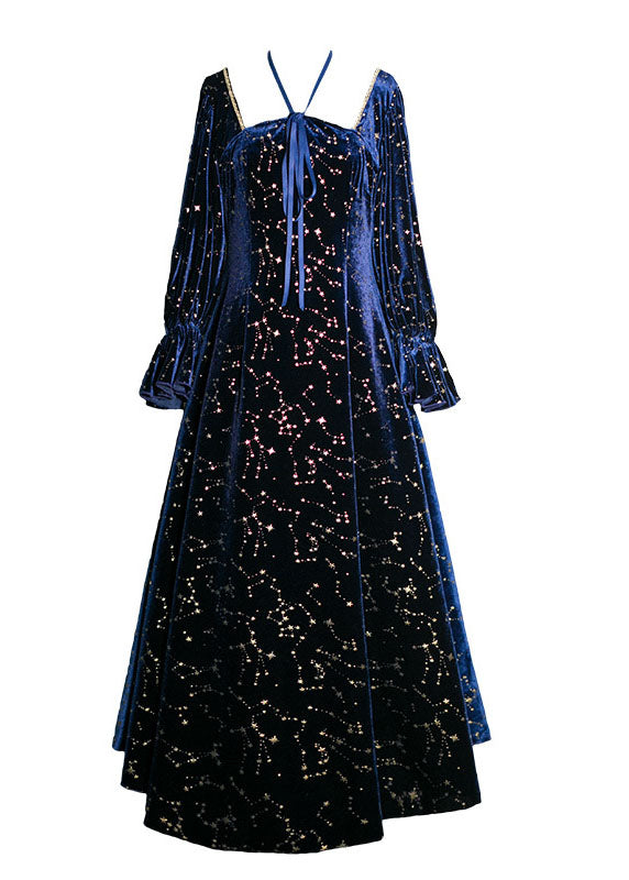 Navy Square Collar Sequins Exra Large Hem Silk Velour Maxi Dresses Spring