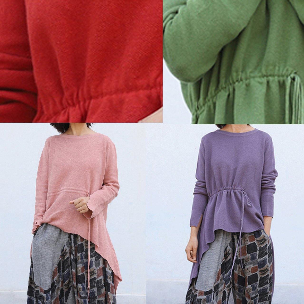 Purple Clothes O Neck Knitted Blouse Drawstring Asymmetric