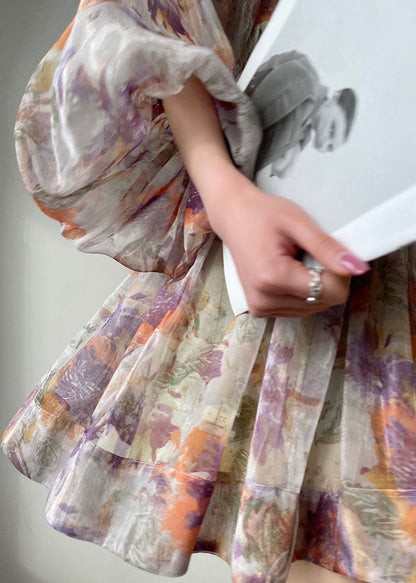 Purple Stand Collar Wrinkled Print Silk Maxi Dresses Lantern Sleeve