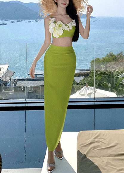 Green Side Open Tank and Skirts Cotton Two-piece Set Sleeveless
