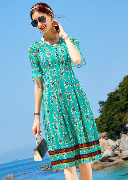 Peacock Green V Neck Print Elastic Waist Silk Dress Short Sleeve