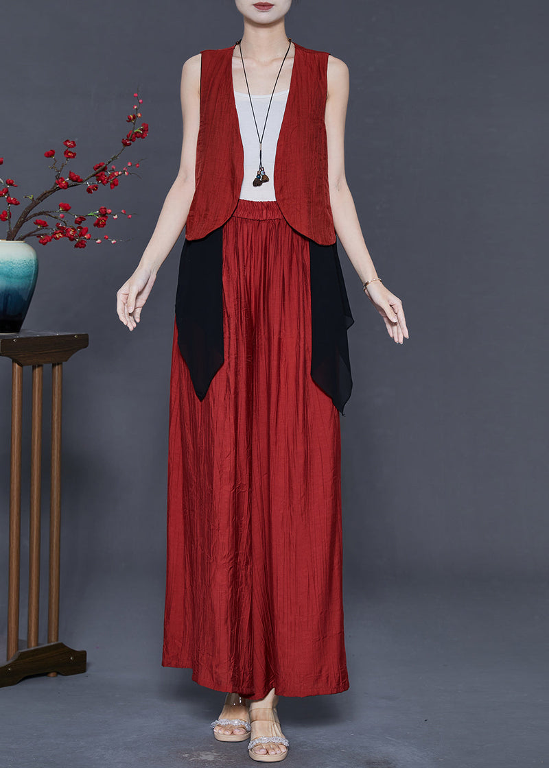 Red Patchwork Linen Two Piece Set Clothing Summer