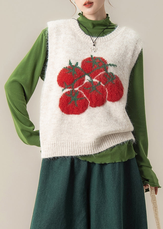 White Oversized Print Knit Vest Tops Winter