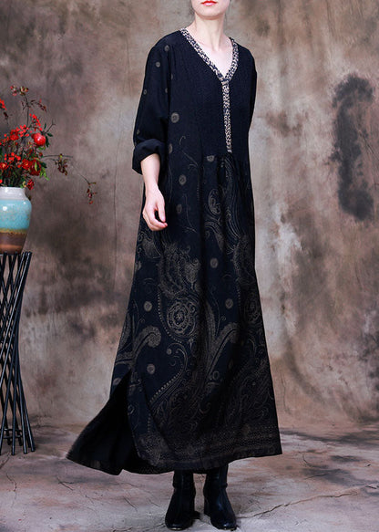 Black Side Open Patchwork Velour Long Dresses Spring