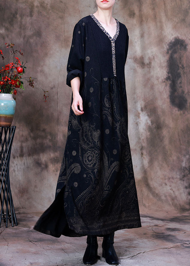 Black Side Open Patchwork Velour Long Dresses Spring