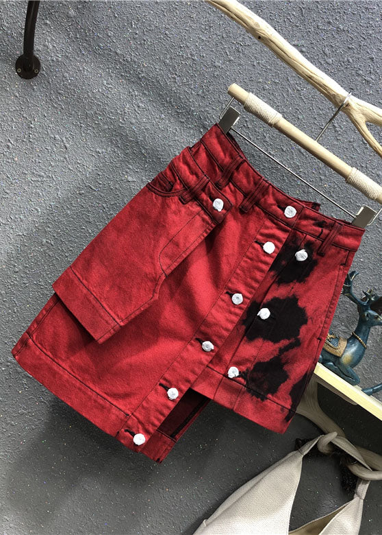 Red High Waist Patchwork Button Asymmetrical Denim Skirt Summer