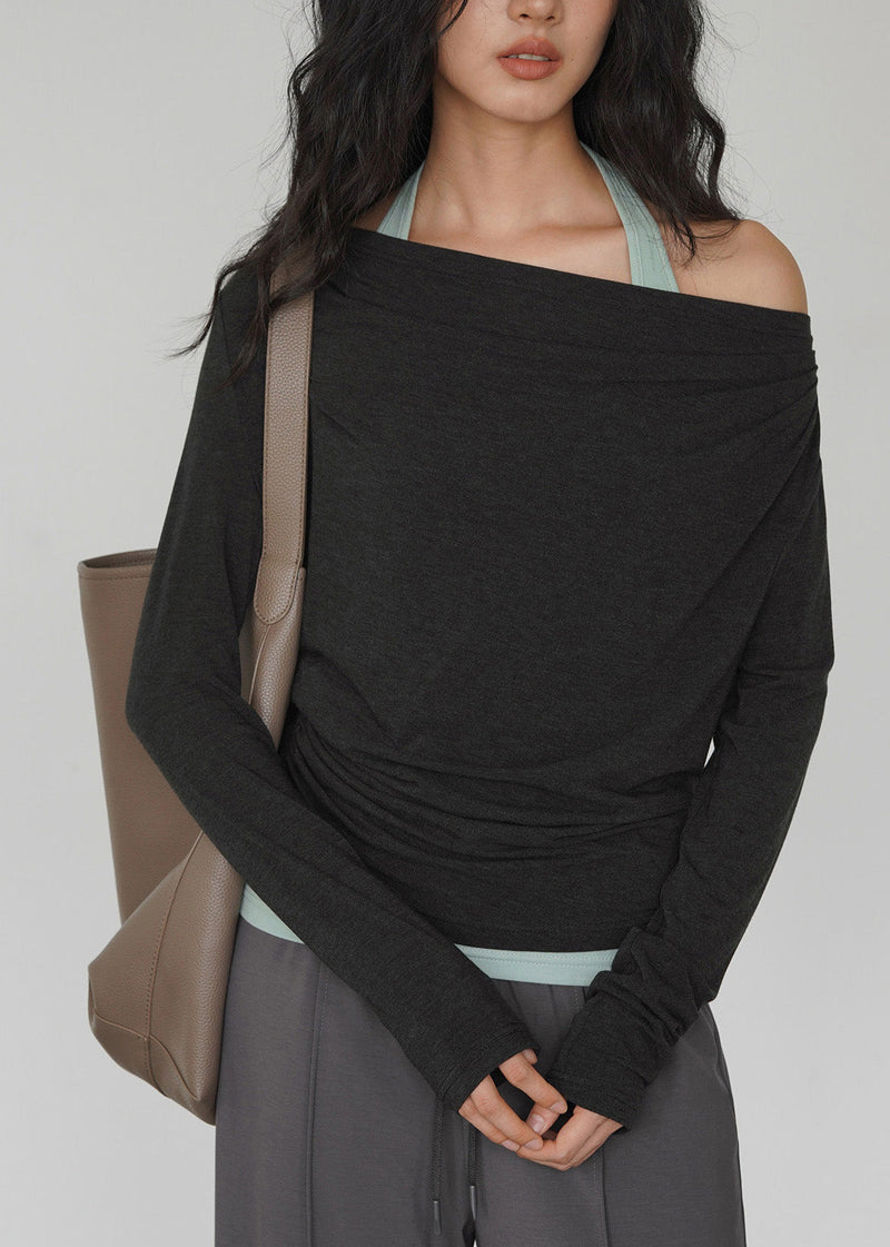 Dark Gray Off Shoulder Topand Light Green Interior Layered Set