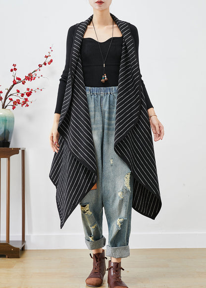 Black Asymmetrical Striped Cotton Long Vest Fall