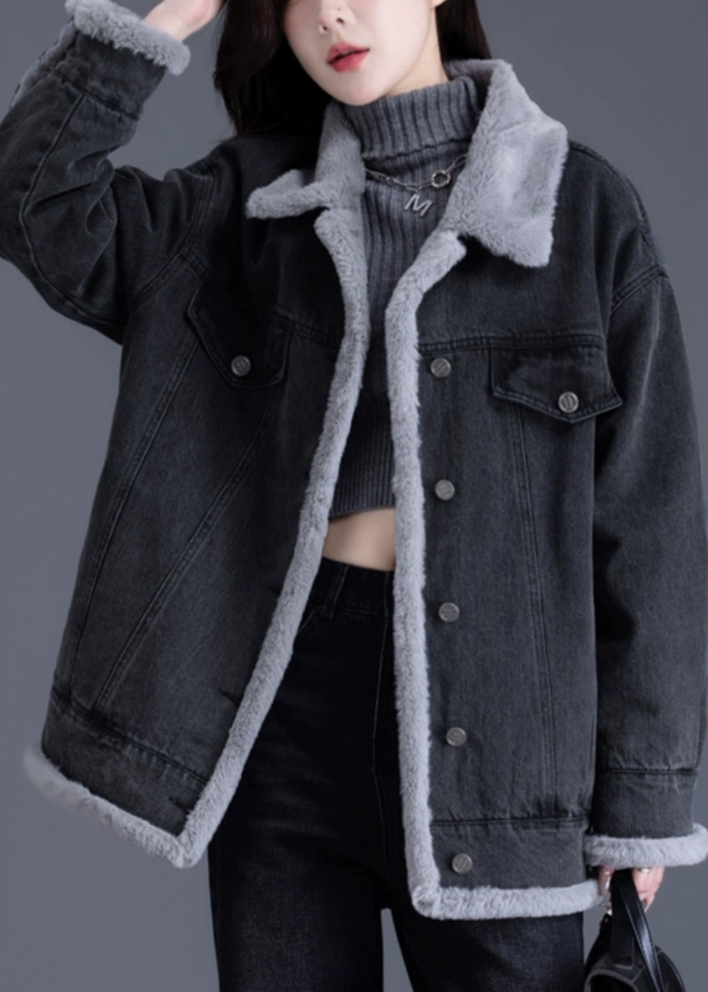Style Black Oversized Pockets Warm Fleece Jackets Winter